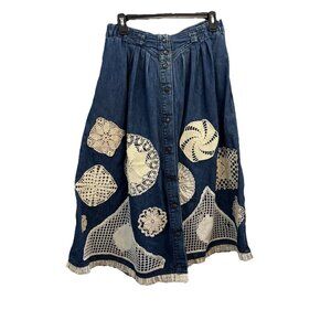 Vintage Denim cottage Pleated Midi/long Skirt Patch Work Appliques Women 8 Retro